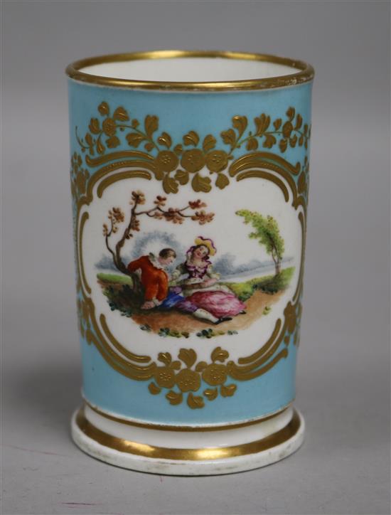 A Chamberlain & Co Worcester spill vase, painted with a reserve of a courting couple on a pale blue and gilt ground AT TW OFFICE